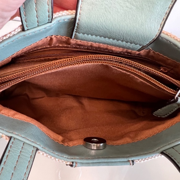 Etienne Aigner Handbag Purse Wicker Teal Blue Leather 9” - Picture 11 of 16